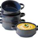 Soup Bowls with Handles, 20 oz French Onion Soup Crocks, Stackable Soup Bowl Oven Safe for Chili, Beef Stew, Embossment Ceramic Bowl Set - 5.4 Inch, Set of 4Blue