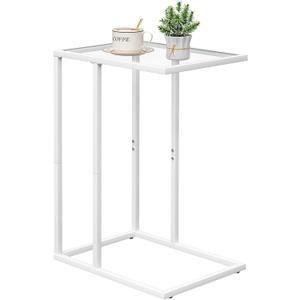 Easy Paws Small C Shaped Table for Sofa,Glass Couch Sofa Tray Snack Table for Living Room, Bedroom,TV Tray Table for Small Space,Accent Coffee Table,Nightstand with Metal Frame(White)