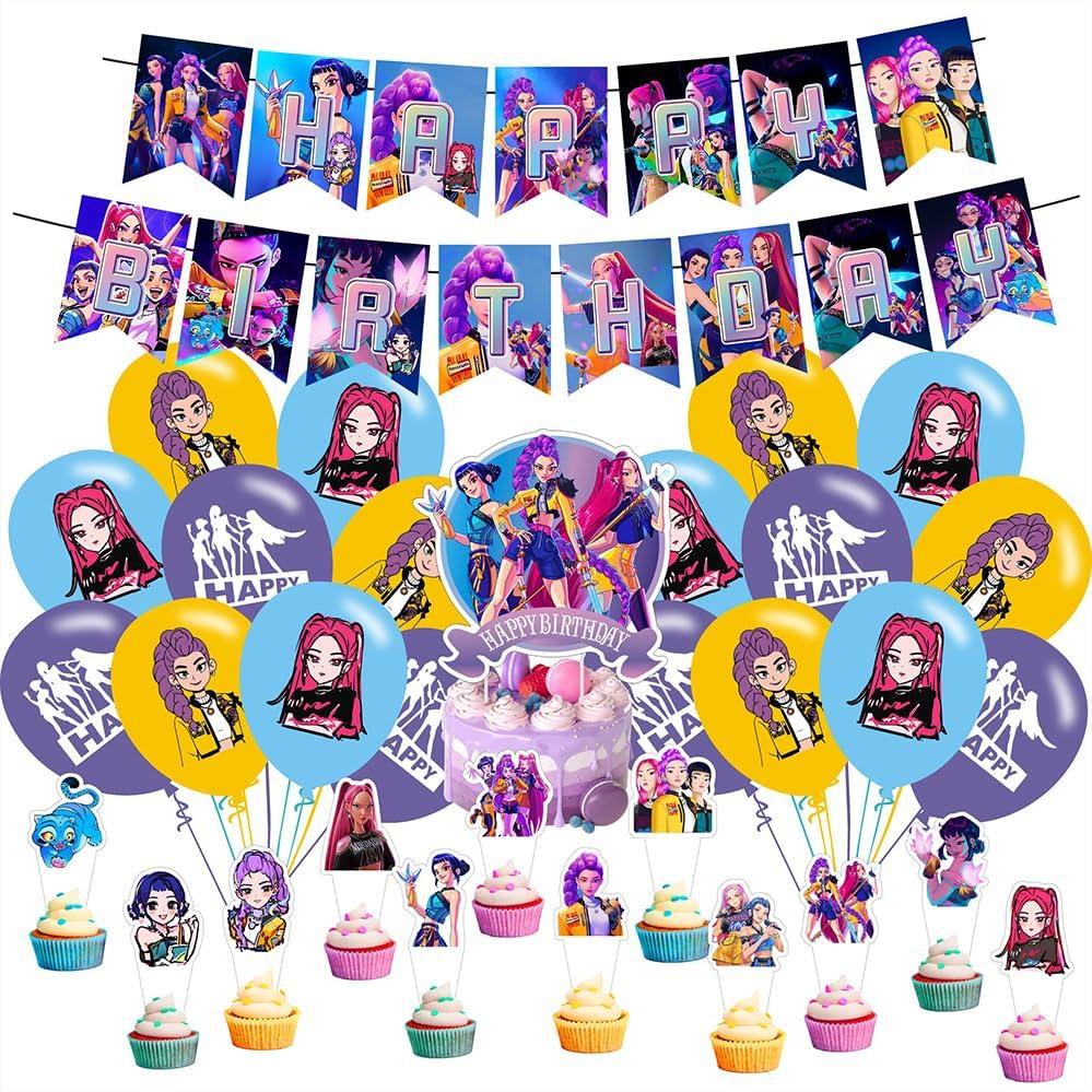 Demon Movie Hunters Birthday Decorations,Demon Movie Hunters Party Supplies Include Happy Birthday Banner, Cake Topper and Cupcake Toppers, Balloons for Kids Party Decor