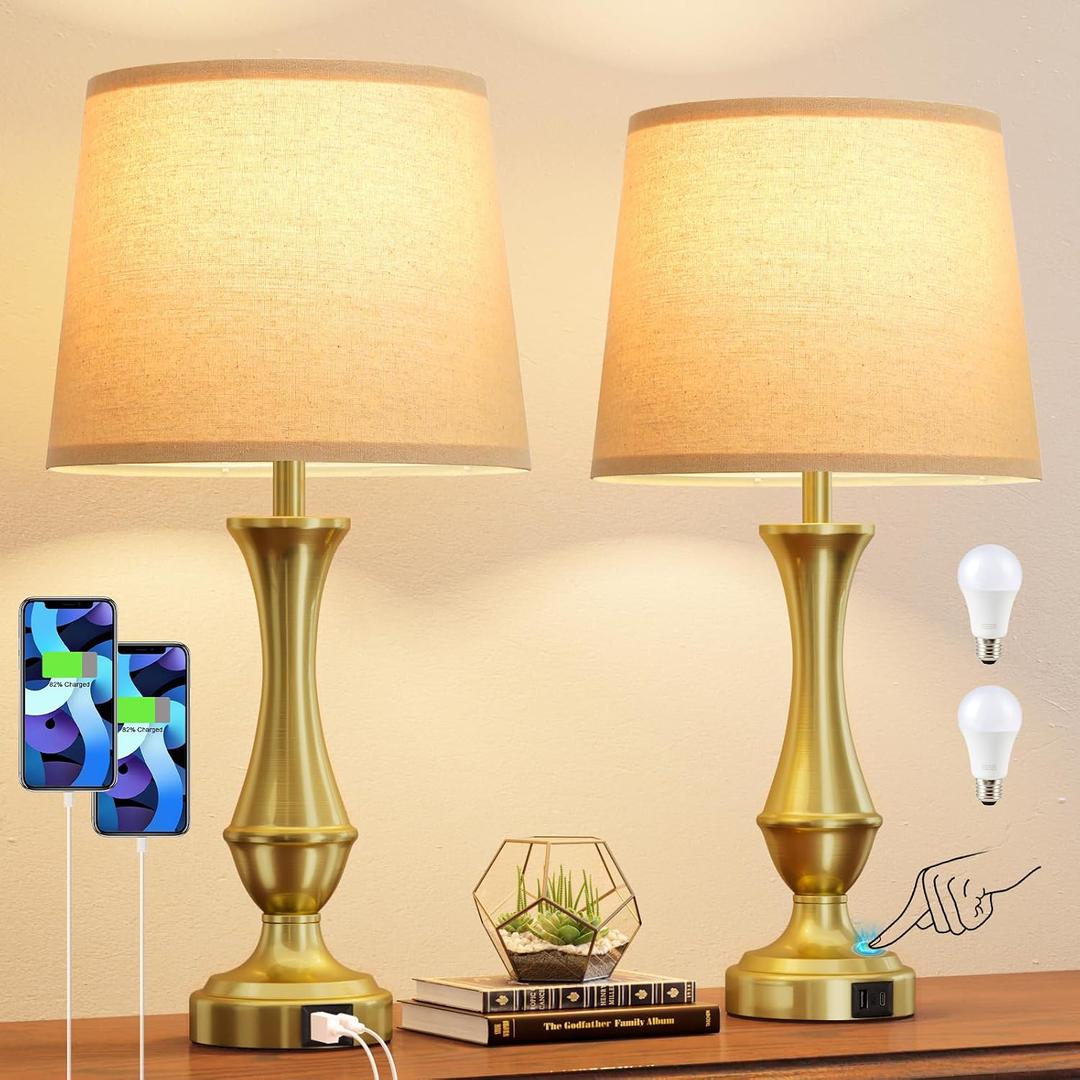 Seealle Upgraded Touch Lamps for Night Stands Set of 2 - Bedside Lamps with USB C+A, 3 Way Dimmable for Bedroom Living Room End Tables Office (Gold)