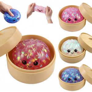 Glitter Dumpling Squishy Toy Dumpling Stress Ball with Steamer Case, Stress Relief Fidget Toy for Adults, Cute Squeeze Desk Toy Portable Toy Gift Idea (Orange)