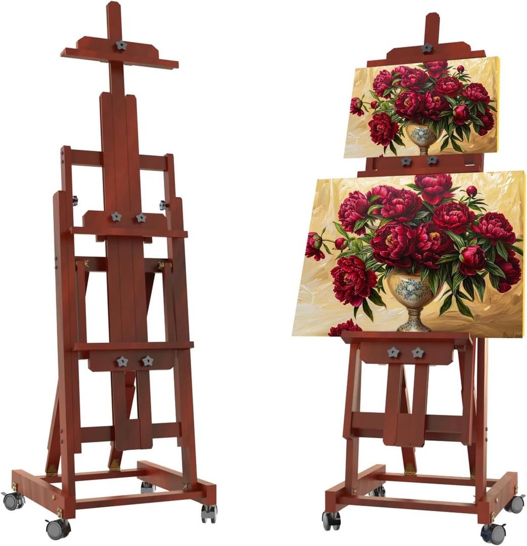 H-Frame Foldable Easel, Adjustable Height & Angle (Vertical to Horizontal), Removable Floor Art Easel for Adults, Holds Two Canvases Up to 77 Inches, Walnut Finish