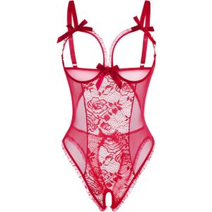 Avidlove Women One Piece Lingerie Sexy Lace Babydoll Mini Bodysuit (XL, Rose Red)