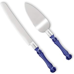 Cake Knife and Server Set, Cake Cutter and Pie Spatula, Cake Server and Knife Set with Acrylic Crystal Handles, Cake Cutting Set for Wedding Cake 1.2mm Thick Blades, Birthdays, and Parties (Blue)