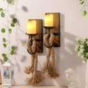 Wall Sconce Candle Holder Black Wall-Mount Metal and Wooden Candle Holders Hanging Iron Wall Candle Sconce Holder and use Hemp Rope Decoration,for Home,Living Room, Bathroom, Dining Room, Set of 2