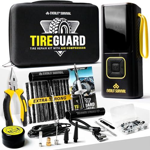 EVERLIT All-in-One Tire Repair Kit with Air Compressor – 150 PSI Portable Cordless Tire Inflator & Plug Kit – Flat Tire Emergency Roadside Kit for Car, SUV, Truck & Motorcycle Fast Repair & Inflation