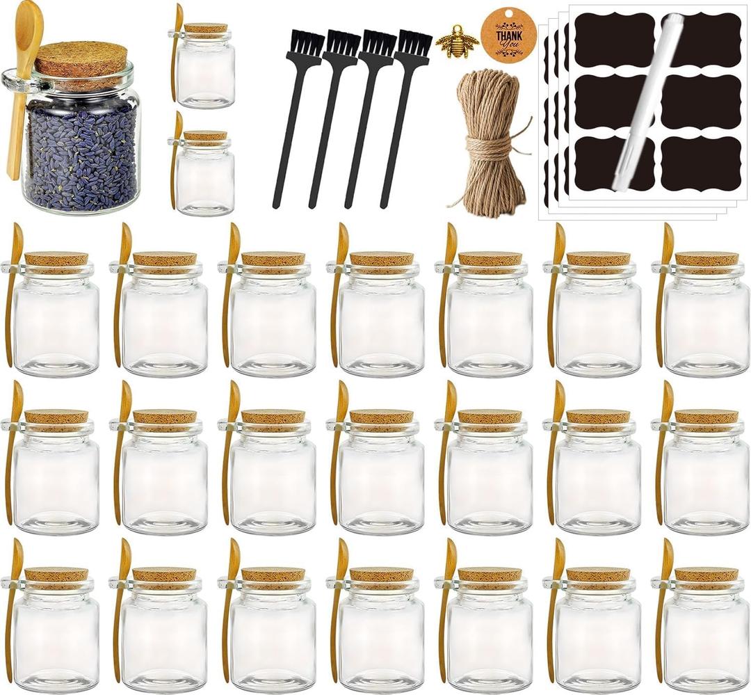 Ahhute Glass Sugar Scrubs Jars, Bath Salt Container, Snacks Spice Jars w/Bamboo Spoons, Honey Scrubs Body Butter Jar w/Corks, Labels and Cleaning Brush, Wedding Party Favors Gifts, 8oz 24 Pack