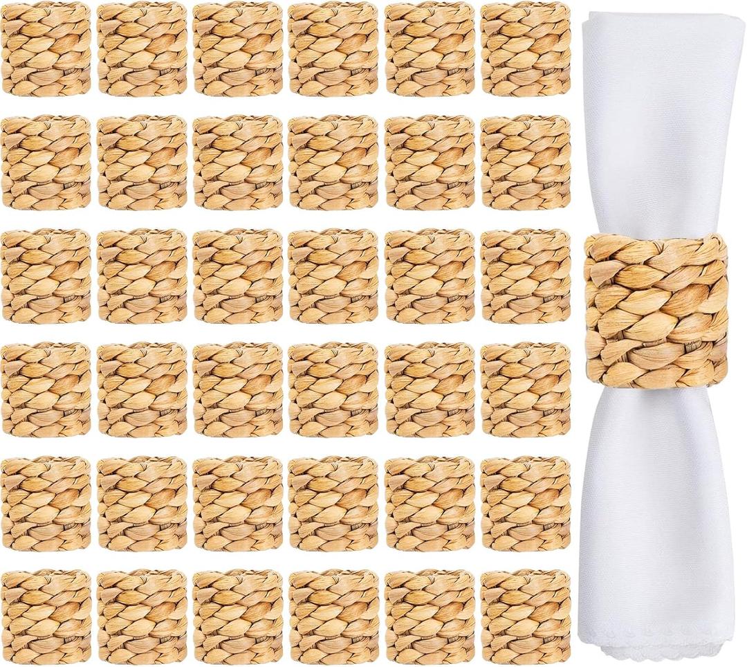Hsei 36 Pcs Christmas Farmhouse Napkin Rings Bulk Boho Rattan Napkins Rings Handmade Natural Napkin Ring Holders by Water Hyacinth Xmas Table Decor for Wedding Gatherings Party Supplies