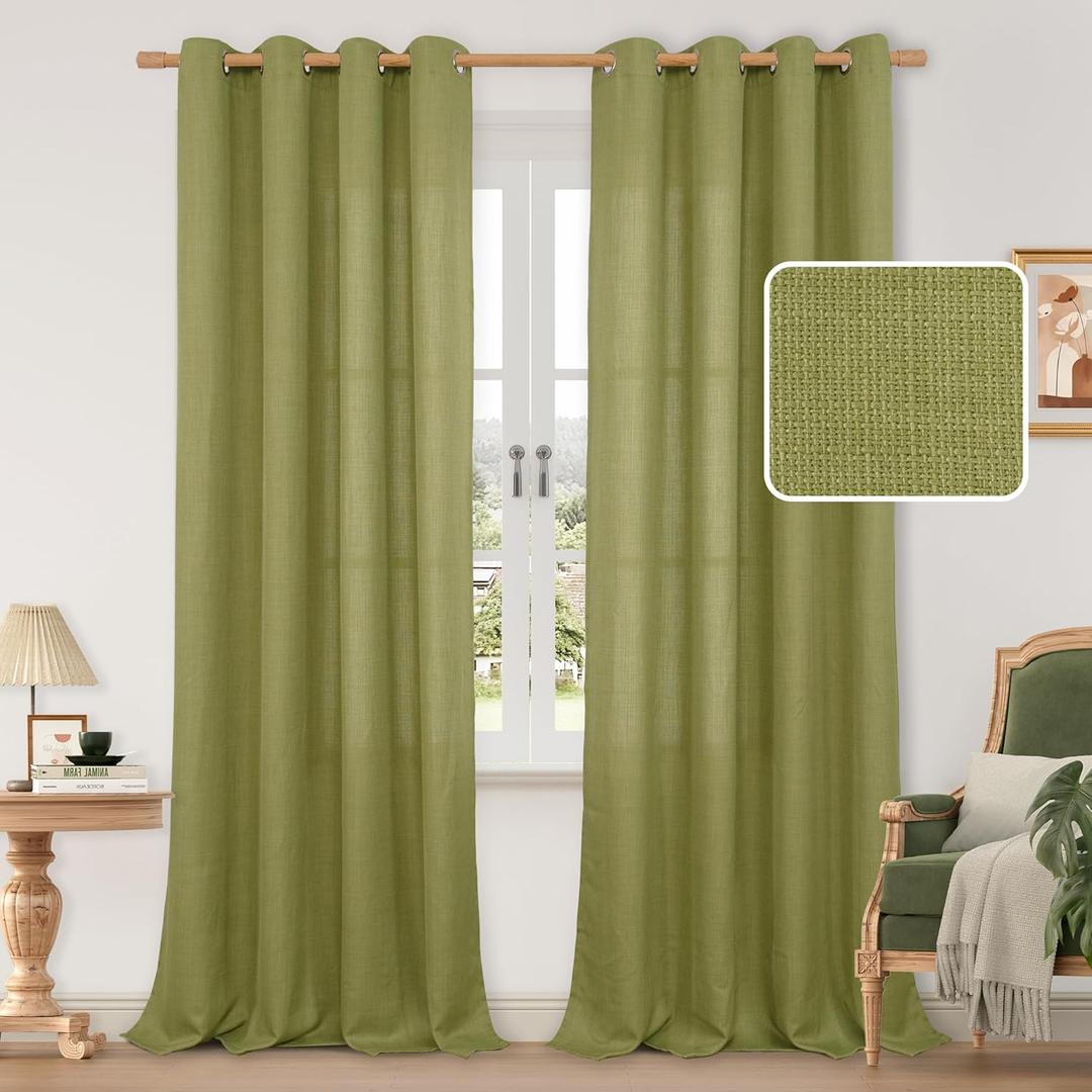 LAMIT Moss Green Linen Curtains 90 Inch Long for Bedroom, Grommet Thick Linen Textured Sheer Curtains Light Filtering Privacy Window Panels for Living Room/French Door, Set of 2, 52 x 90 Inch