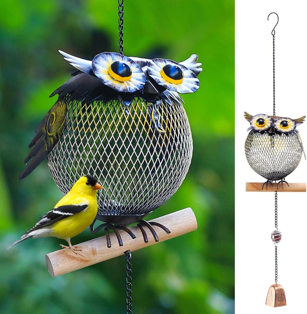 Solar Owl Bird Feeder Squirrel Proof for Outside - Unique Cute Metal Animal Shaped Wild Bird Feeder with Solar Light, Wind Chime, Gift for Bird Lovers(Owl)