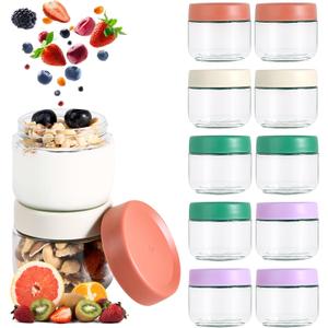 Hoa Kinh 10oz 12Pack Overnight Oats Jars with Lids, Leak Proof Small Jars for Overnight Oats, Cereal, Clear Empty Glass Jar with Lids for Kitchen(Red, Green, Purple and White)