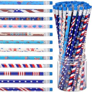 60 Pcs 4th of July Patriotic Pencil American Flag Pencils with Erasers USA Patriotic School Office Stationery for Independence Day Gift Prize Party Favor Office Supply Classroom Reward