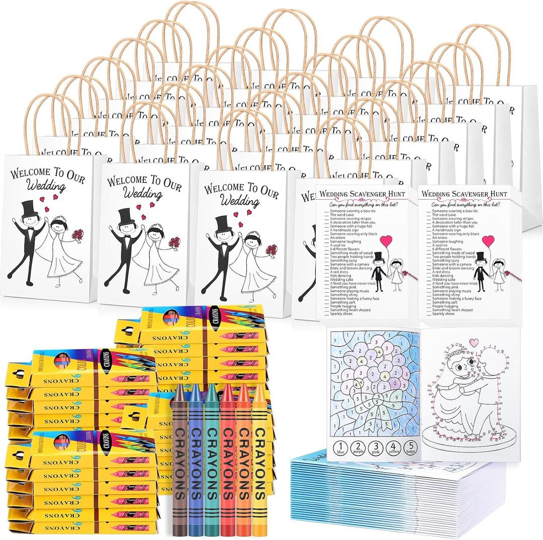 Mooliwe 96 Pcs Wedding Activity Set Include 24 Coloring Books 24 Favor Bags 24 Crayons 24 Scavenger Hunt Sheets for Wedding Activities Game Favor Entertainment Party Supplies