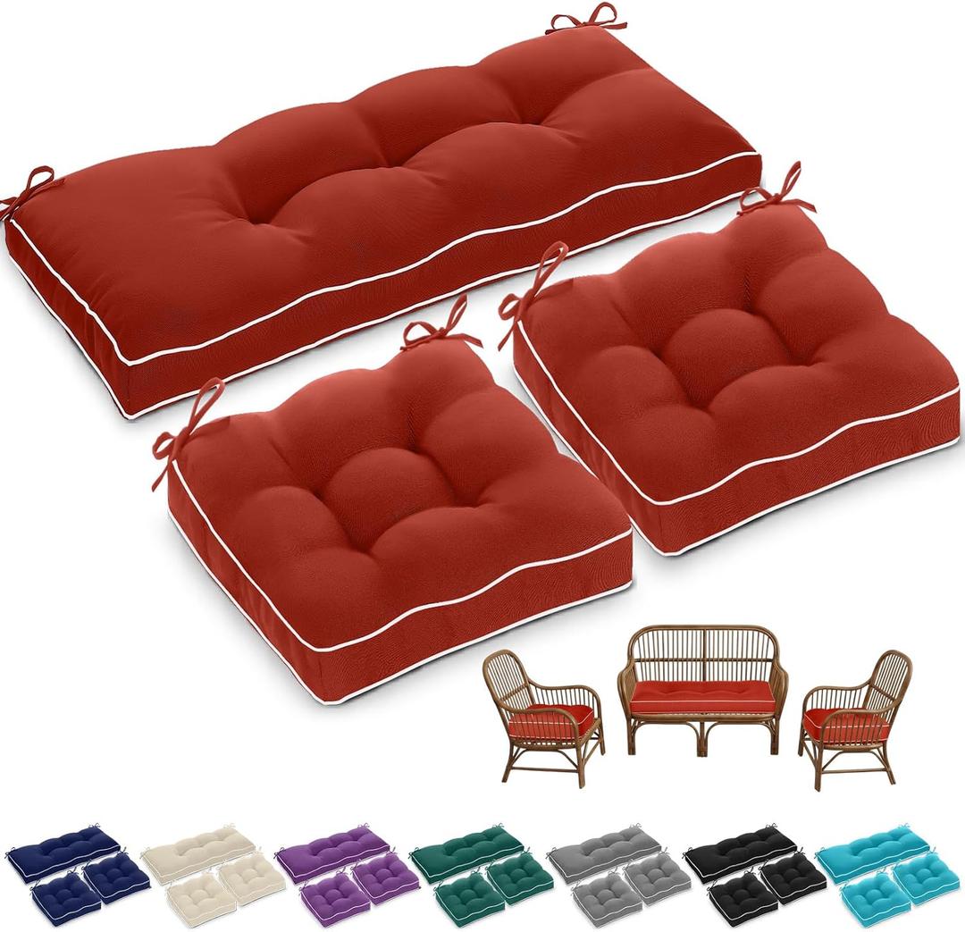 Wenqik 44 x 19 x 4 Inch Outdoor Bench Cushion Set of 3 Waterproof Tufted 1 Patio Loveseat Cushions and 2 Square Chair Seat Pad for Outdoor Furniture Couch Swing Sofa Wicker Settee(Wine Red)