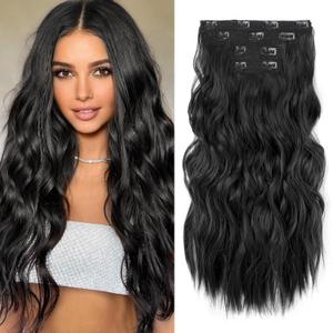 REECHO Hair Extensions, 4PCS Clip in Hair Extensions 24" Thick Long Beach Waves Black hair extensions HE003 Invisible Lace Weft Natural Soft Synthetic Hairpieces for Women Black