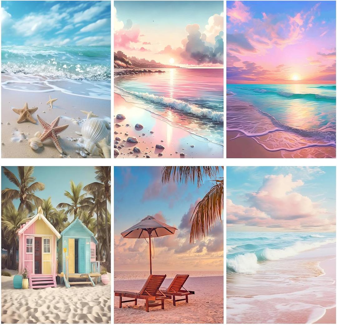 Frienda 6 Pcs Diamond Painting Kits 12 x 16 Inch DIY 5D Abstract Landscapes Diamond Art Full Round Drill Crafts for Adults Youth Beginners Numbers for Home Wall Decor Gifts (Pink Ocean)