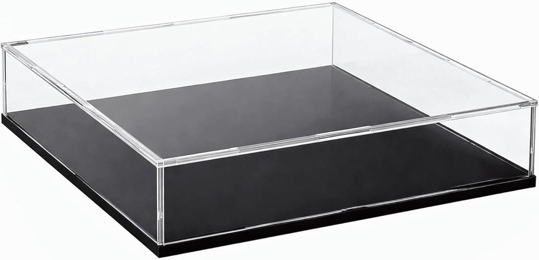 Acrylic Display Case with Matt Black Base and Lid, Dust-Proof Acrylic Box, Flat Showcase Counter-Tops Box for Books and Maps (12x12x4 inch)