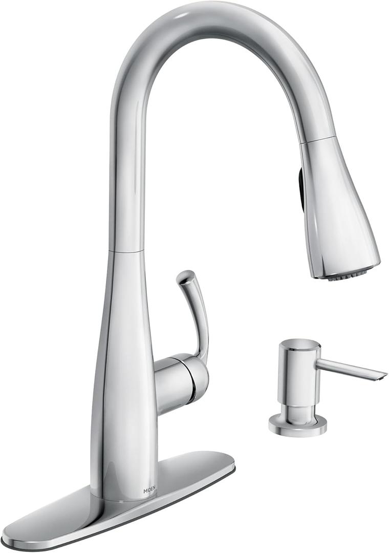 Moen Essie Chrome Single Handle Pull-Down Sprayer Kitchen Faucet with Soap Dispenser, Reflex and Power Clean Technology, 87014