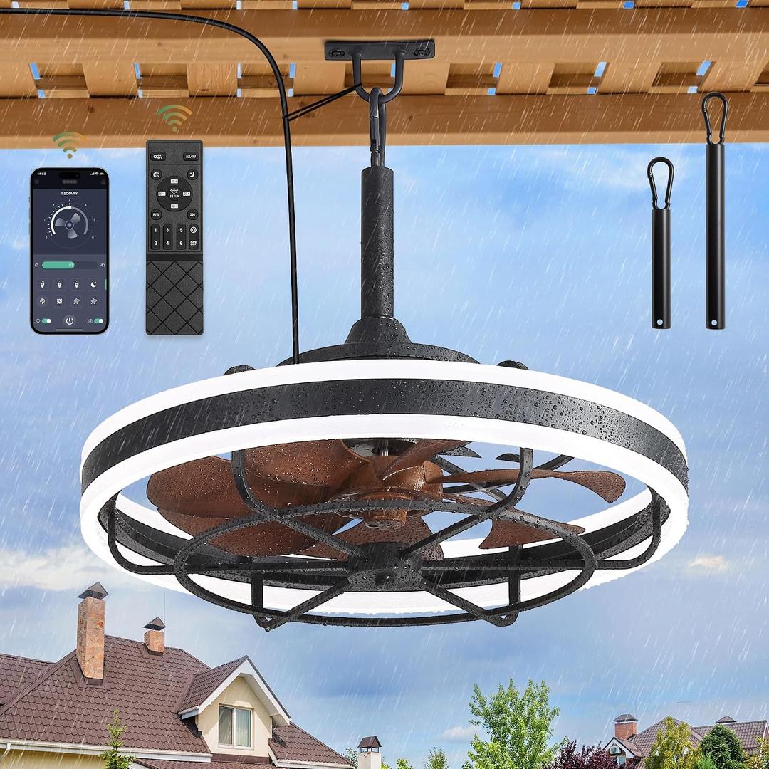 LEDIARY 20" Outdoor Ceiling Fans with Light, IP65 Waterproof Gazebo Fan with Hanging Hook, App Control for 3CCT Dimmable, Caged Plug in Ceiling Fan with Hanging Hook for Patio, Porch, Pergola
