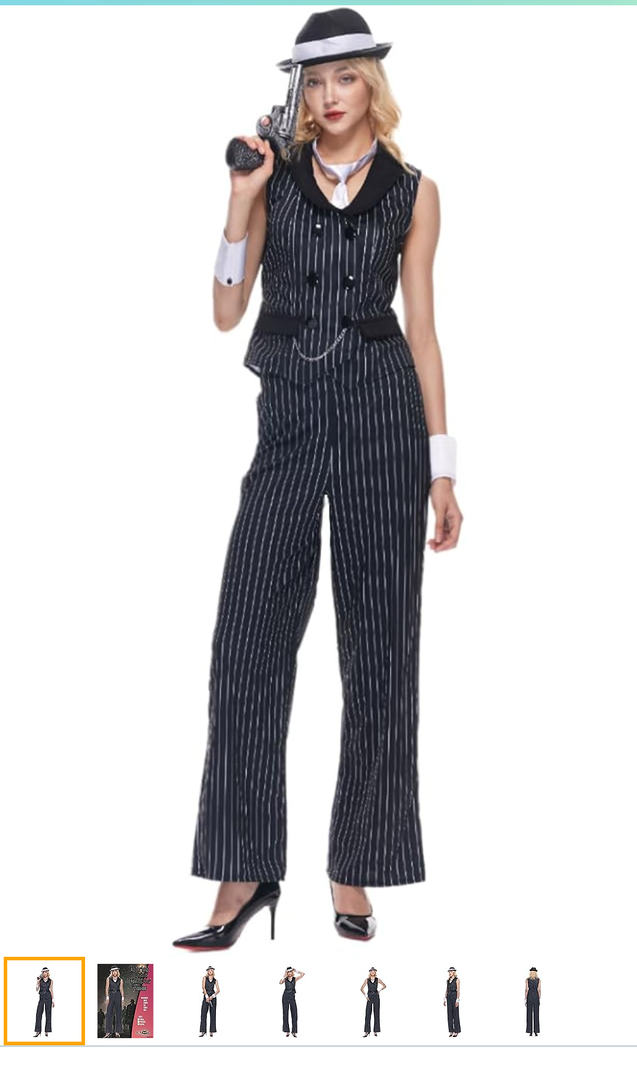 EraSpooky Women Gangster Costume Adult 1920s Pinstripe Suit, Include Sleeveless Jacket Pants Necktie Wristband Hat S