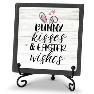Happy Easter Decor, 5" x 5" Rustic Wood Plaque with Stand for Home Table Decorations, Bunny Kisses Easter Wishes Christian Gifts for Women