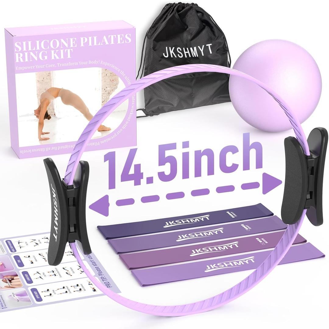 JKSHMYT Pilates Ring Kit, Pilates Equipment  14.5" Home Pilates Circle with Pilates Ball, Resistance Bands, Better me Essentials Magic Pilates Set for Workouts (PURPLE)