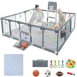 Baby playpen, 79"x71"Baby Playpen with Mat Indoor Outdoor Playpen for Babies and Toddlers with Breathable Play Pen with Ocean Balls Hanging Pocket Basketball Hoop and Football Goal