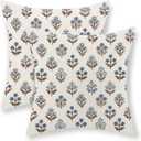 Brown Blue Pillow Covers 18x18 Set of 2 Boho Block Print Floral Pillow Cases Vintage Flower Pattern Decorative Throw Pillows Linen Outdoor Decor Farmhouse Cushion Cover for Couch Sofa Bed