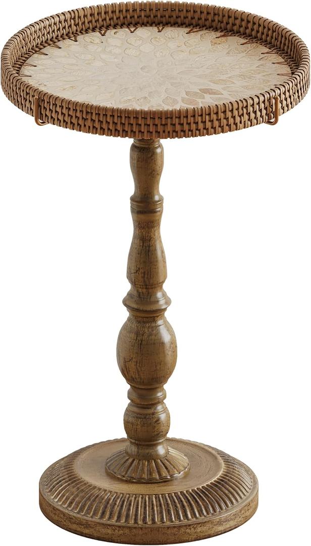 Small Round Metal Side Table, Lightweight Antique Accent Table,Retro Round Drink Table,Small Pedestal Table for Living Room, Bedroom, Corners (1, Rattan), 12.6" x 12.6" x 20.5"