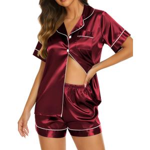 Ekouaer Silk Pajamas for Women Short Sleeve Sleepwear Soft Button Down Loungewear 2 Piece Satin Pjs Shorts Set (X-Large, Wine)