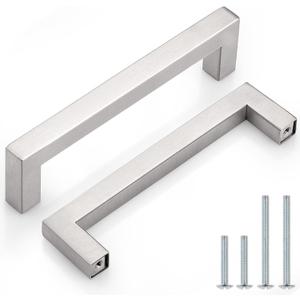 Probrico (10 Pack) 5 inch Holes Centers Square Kitchen Cabinet Handles Stainless Steel Cabinet Drawer Handles Brushed Nickel Euro Bar Pulls 5-1/2 inch Total Length