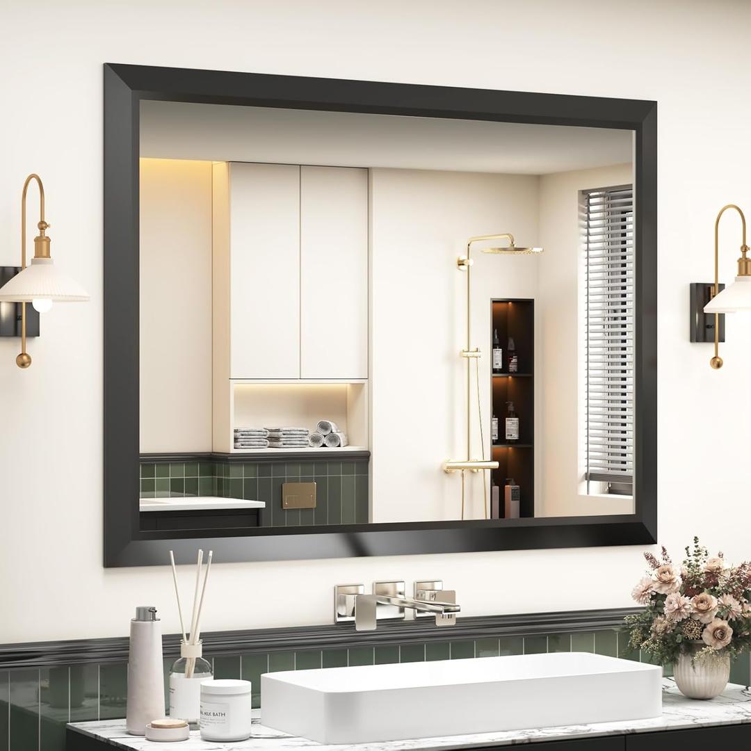 SMIROR Matte Black Bathroom Mirror for Over Sink 48x 36 inch, Metal Thick Frame Rectangle Vanity Mirror for Wall, Anti-Rust, Horizontally or Vertically Mounted