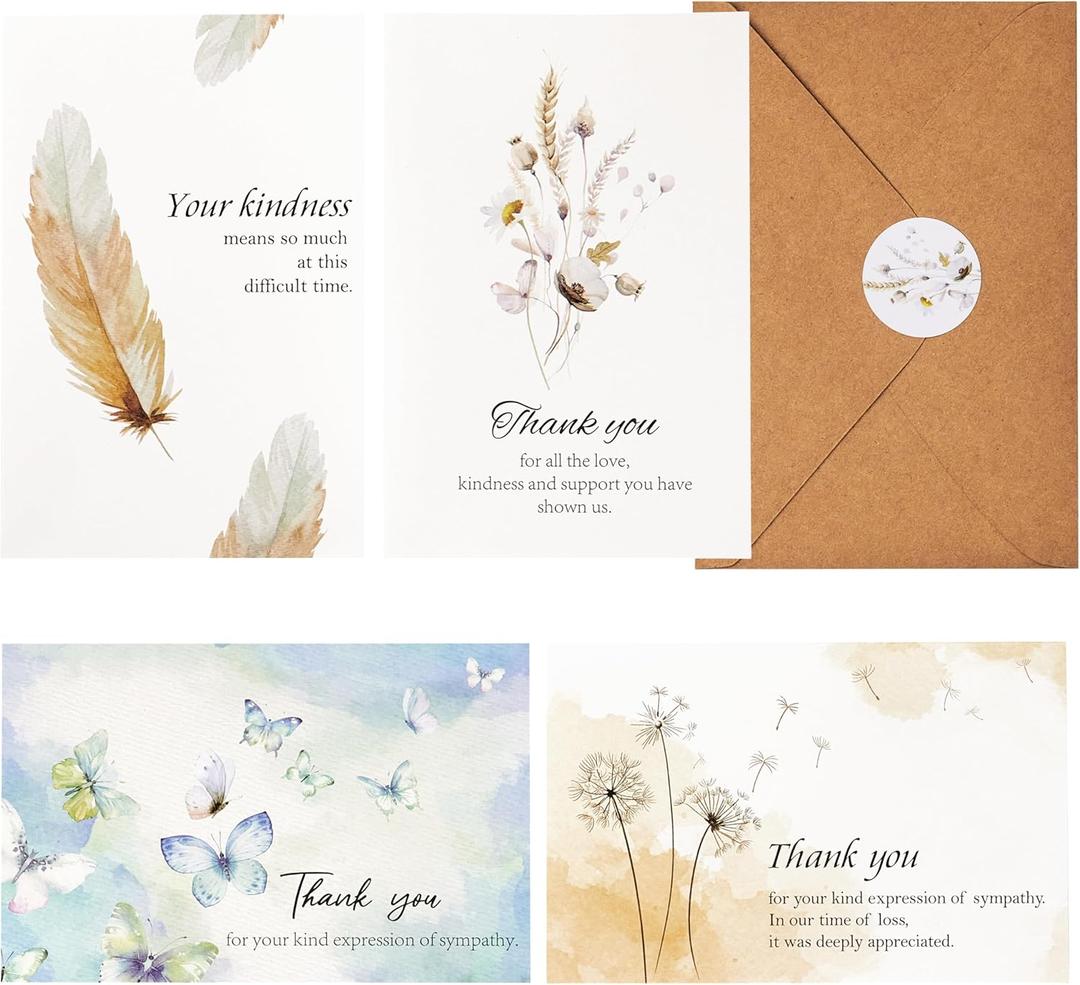 Crisky 50 PK Funeral Thank You Cards with Envelopes, Thank You for Your Sympathy Cards Watercolor Flowers Butterflies Bereavement Sympathy Thank You Cards for Funeral Family Friends (50 Pieces)