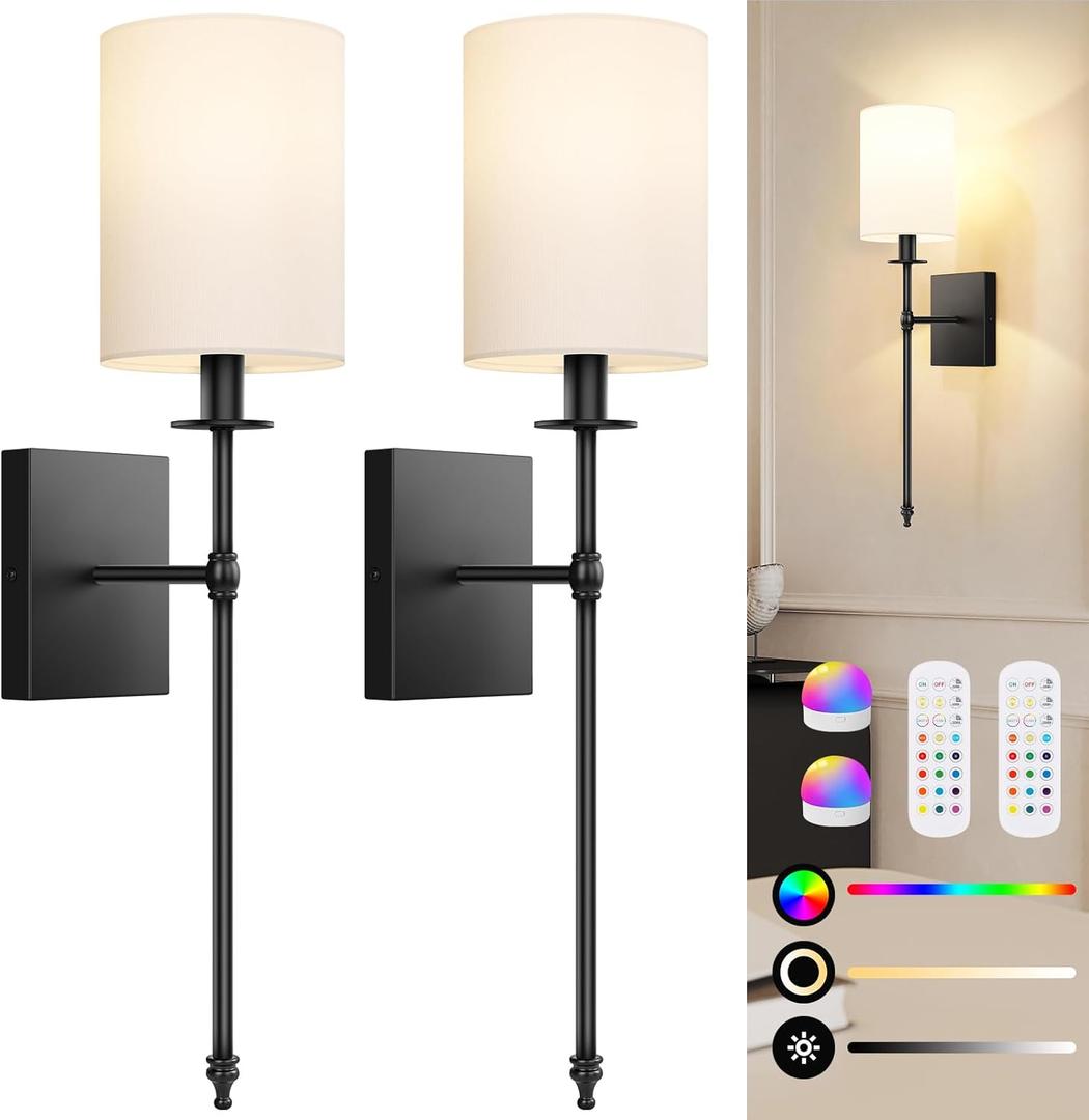 24.5 Inch Black Battery Operated Wall Sconces Set of 2, Rechargeable Wireless Wall Lights with Remote & White Fabric Shade, Indoor Not Hardwired Dimmable Wall Lamps For Bedroom, 2 Bulbs Included