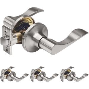 (4 Pack) CML Hardware Passage Door Lever in Satin Nickel, Non Locking Interior Door Handle for Hallway for Closet, Classic Wave Style, Reversible for Right & Left Handed, Removable Latch Plate