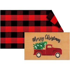 2 Pcs Merry Christmas Door Mat Combo Set Outdoor Christmas Welcome Mat and 27.5 x 43 Inches Red and Black Buffalo Plaid Rug Layered Doormat for Xmas Holiday Outdoor Front Porch Decor