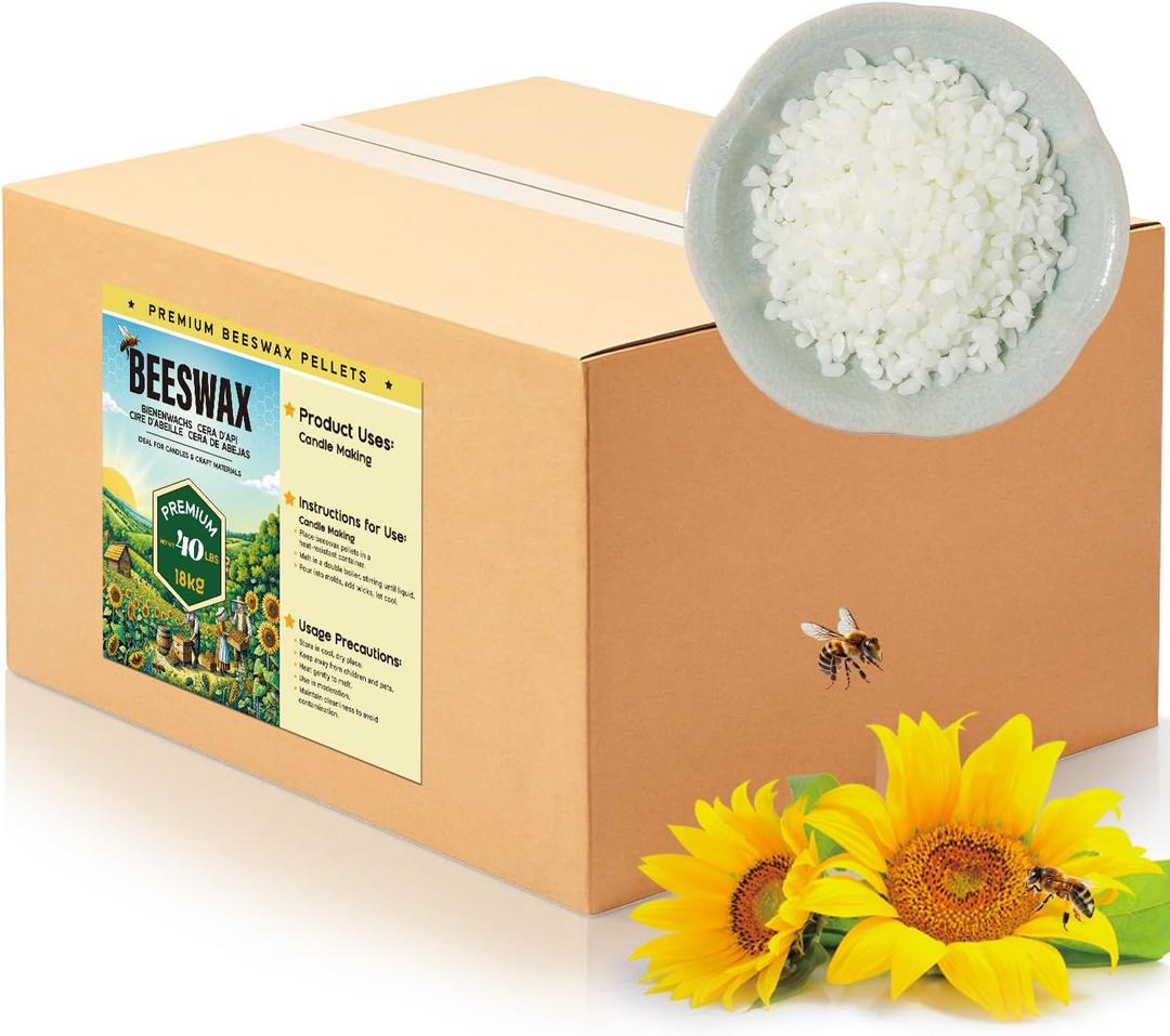 Beeswax Pellets for Candle Making – 5lb/10lb/40lb – Natural Beeswax for Candles, Lip Balms, and Skincare – White Beeswax for DIY Projects – Ideal for Beginners and Experts（40lb）