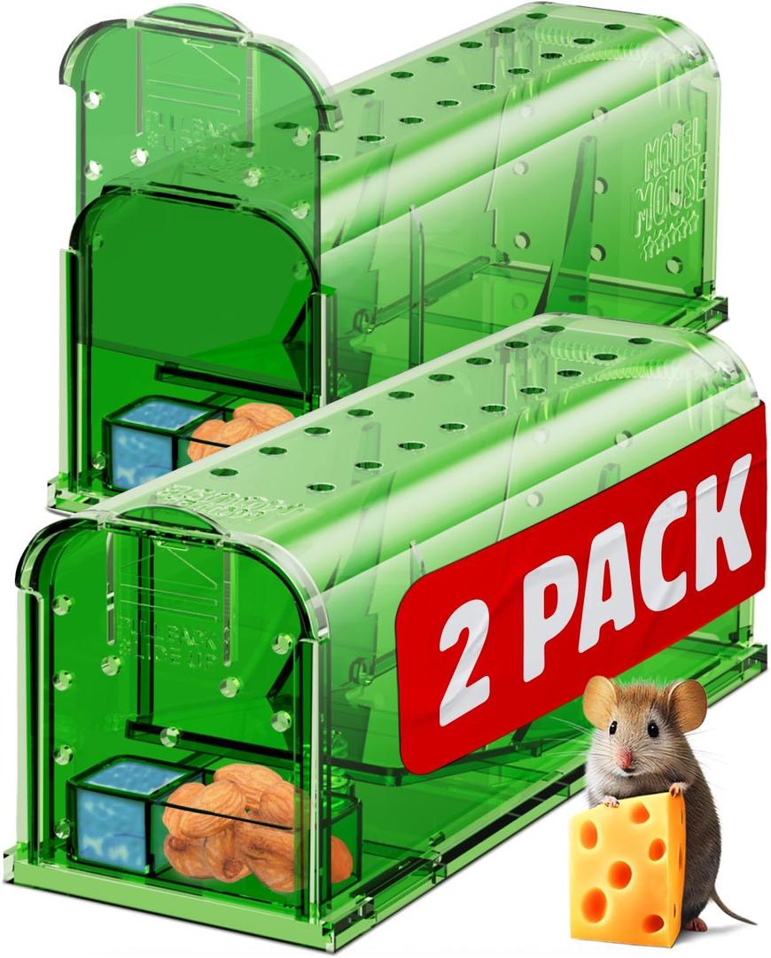 Motel Mouse Humane Mouse Traps No Kill Live Catch and Release 2 Pack - Reusable, Easy to Use & Clean, No Touch Release, Sensitive Includes Cleaning Brush, Instruction Manual & Video - Mousetrap Indoor (Regular Green)