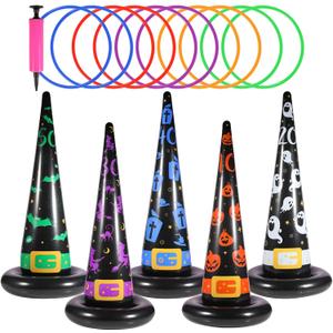 Halloween Ring Toss Game Set, Inflatable Witch Hat Ring Toss Game with 10 Plastic Rings and Air Pump, Super Fun Halloween Games for Family Party Supplies Halloween Decorations (Colourful)