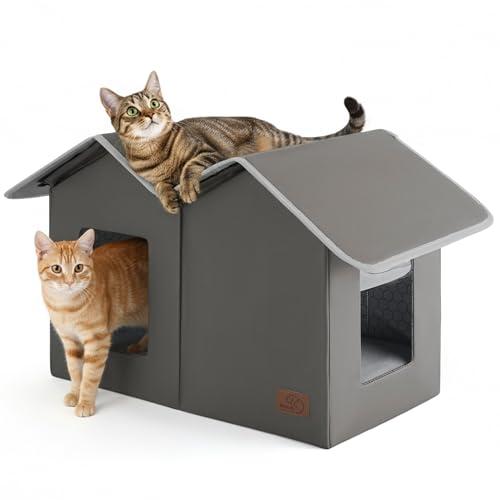 Bedsure Weatherproof Outdoor Cat House-Extra Wide Insulated Feral Cat Shelter with Raised Base in Winter, Waterproof Outside Pet Hideout for Stray Kitty, 22.5x12.5x13.25inches, Grey