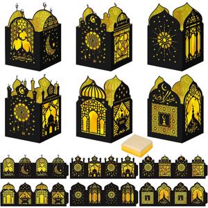 Retisee 24 Pcs Ramadan Eid DIY Lantern Craft Kit, Paper Lanterns with 1000 Gold Yellow Tissue Paper & Double-Sided Tape, Islamic Moon Star Motif Decor for Home Table Mosque Party Art Project