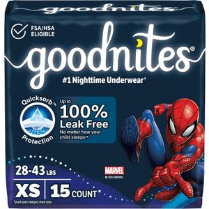 Goodnites Boys' Nighttime Bedwetting Underwear, Size Extra Small (28-43 lbs), 15 Ct, Packaging May Vary (X-Small)