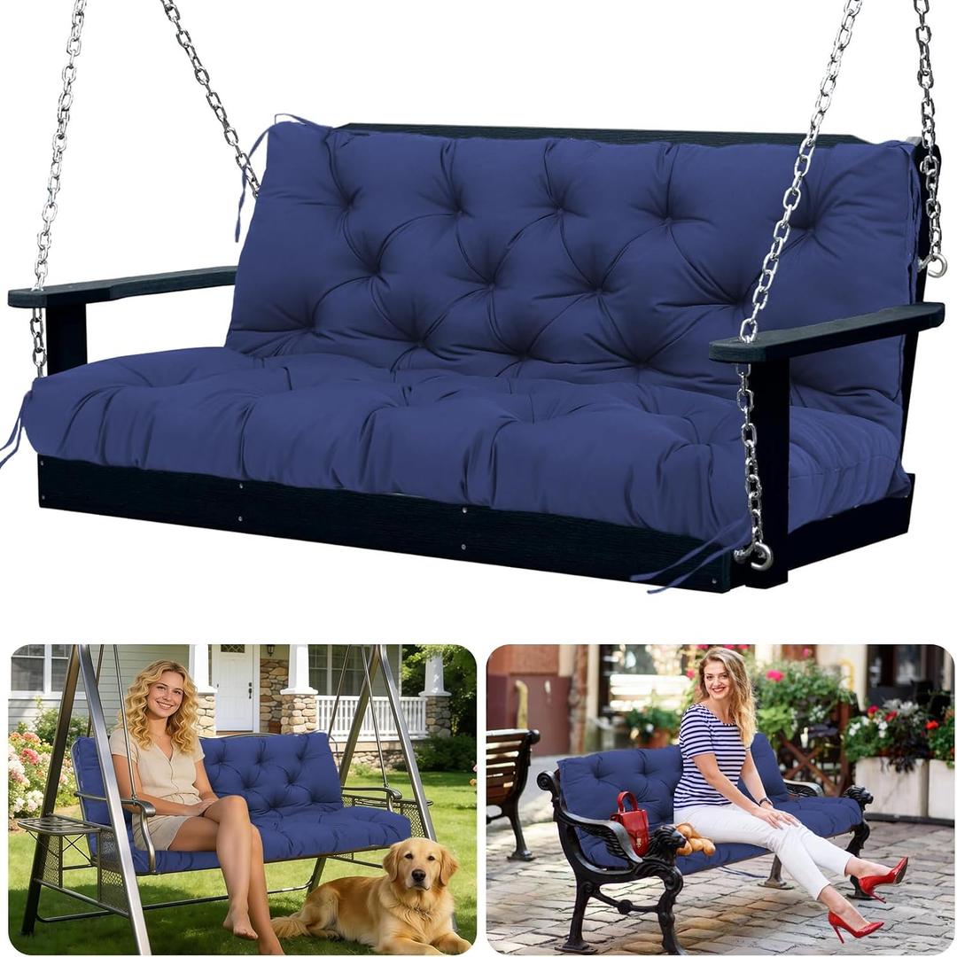 Porch Swing Cushions 3 Seater Replacement Thicken 5" Waterproof & Fade Resistant Swing Cushions for Outdoor Furniture Bench Patio Swing Cushion with Backrest & Ties(Navy Blue 70x40x5inch)