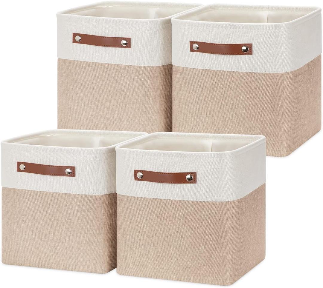 HNZIGE Foldable Storage Cubes Baskets for Organizing Set of 4, Fabric Cube Storage Bins 11 x11, Collapsible Storage Basket Bins Cube with Handles for Shelves Home Nursery (White Beige)