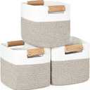 danpinera 11 Inch Storage Baskets, Woven Baskets for Organizing, 3 Pack Storage Cubes for Shelves, Closet, Nursery with Removable Leather Handles, White & Mixed Brown