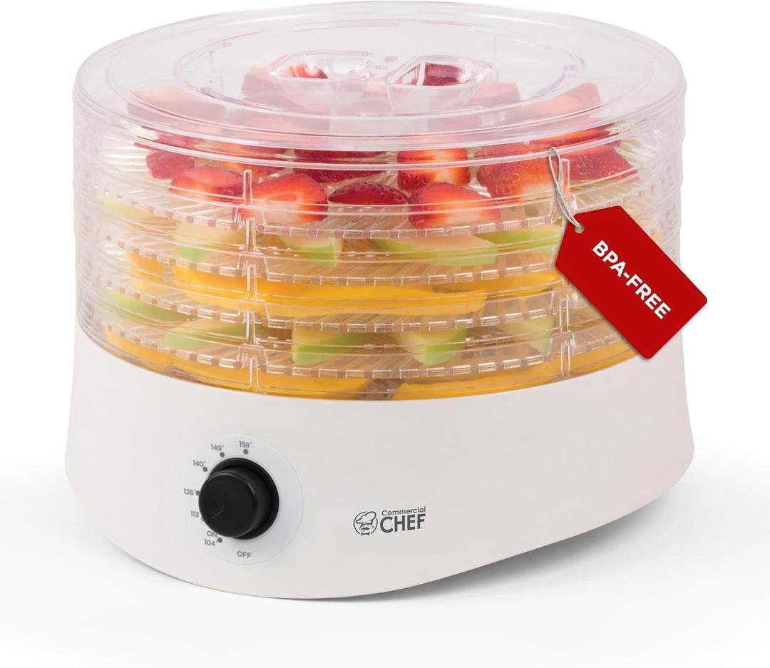 Commercial Chef Food Dehydrator, Five 9.25 BPA-Free Plastic Trays, Dehydrates and Dries Meat, Fruit, Veggies and Jerky, 280W Dehydration Machine, Adjustable Thermostat, CCD100W6, White