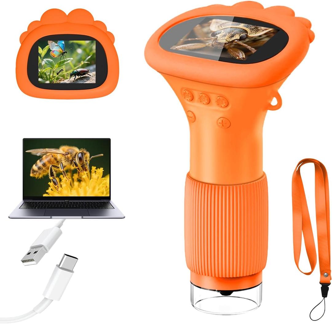 Microscope for Kids, 1000X Handheld Digital Miniscope with 2.0" Screen, Portable Pocket Microscope Education Toys Christmas Gifts for Age 3 4 5 6 7 8 9 10 Girls Boys (Orange)