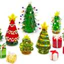 HDCRYSTALGIFTS 12PCS Mini Christmas Figurines Ornaments Blown Glass Christmas Tree & Gift Box Miniatures Tabletop Centerpieces, Festival Gifts for Winter Holiday Home Decor Craft Party