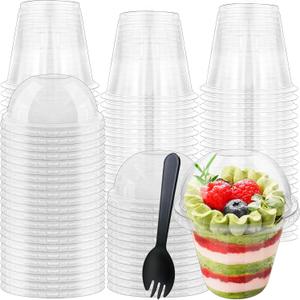 100Pcs 9oz Clear Plastic Cups with Dome Lids Spoons,Disposable Dessert Party Cup Take Out Containers for Parfait,Salad,Ice Cream,Cold Drink,Cupcake