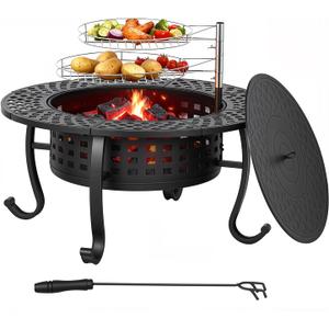 FDW 36 Inch Fire Pit with 2 Adjustable Grills, Wood Burning Fire Pits for Outside with Lid & Fire Poker, BBQ& Outdoor Firepit & Round Metal Table 3 in 1 for Patio, Picnic, Party
